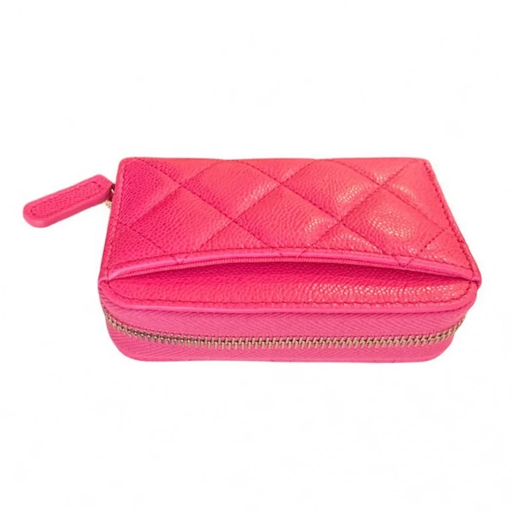 💗CHANEL Zip Coin Purse Wallet Quilted Hot Pink CAVIAR CC Logo Gold-Tone Hardware